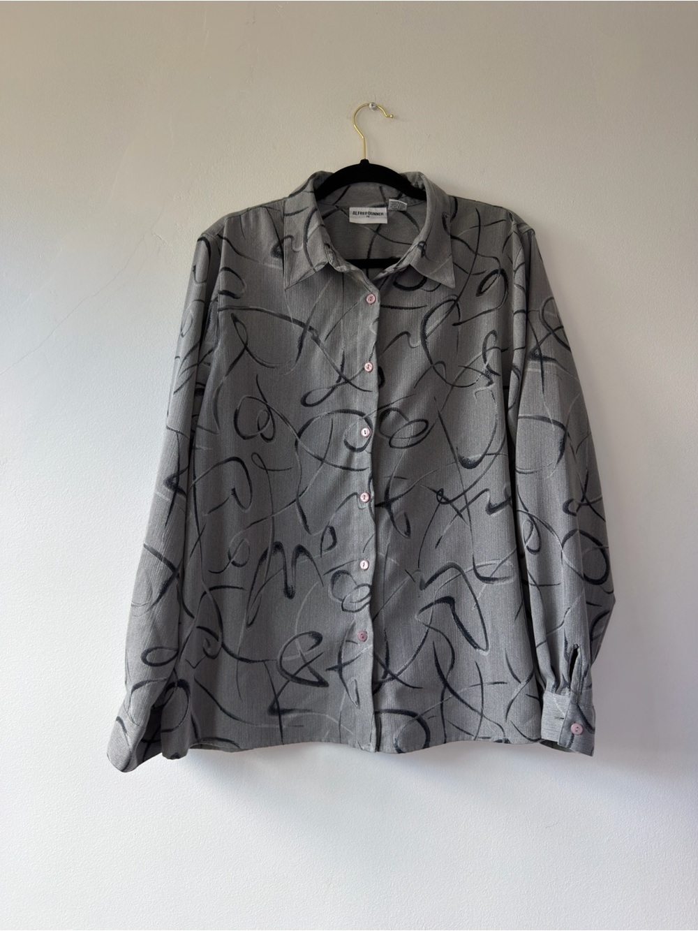 Alfred Dunner Gray Black Abstract Swirl Print‎ Button Down Blouse Size 18